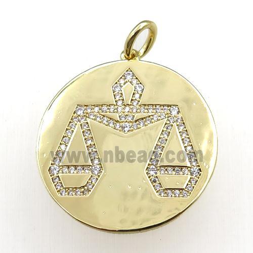 copper circle pendant pave zircon, zodiac Libra, gold plated