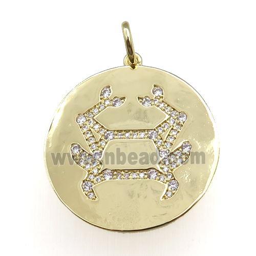 copper circle pendant pave zircon, zodiac Cancer, gold plated