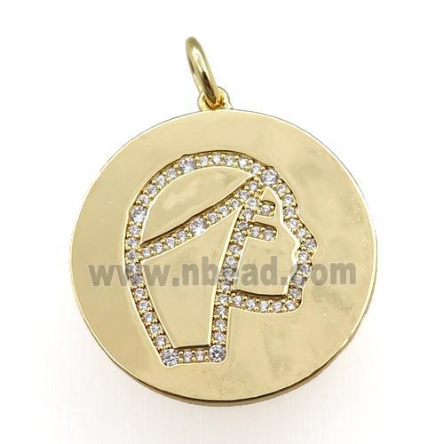copper circle pendant pave zircon, zodiac Virgo, gold plated