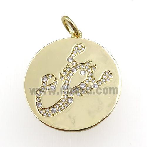 copper circle pendant pave zircon, zodiac Scorpio, gold plated