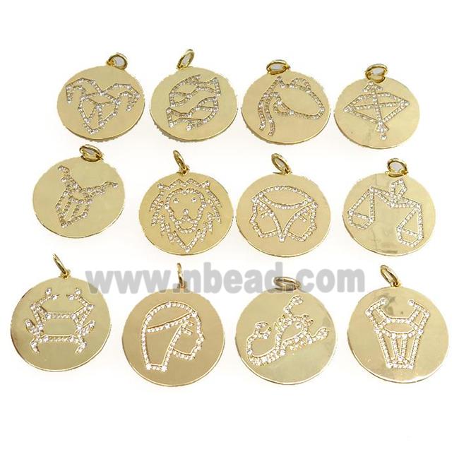 copper circle pendant pave zircon, mixed zodiac, gold plated