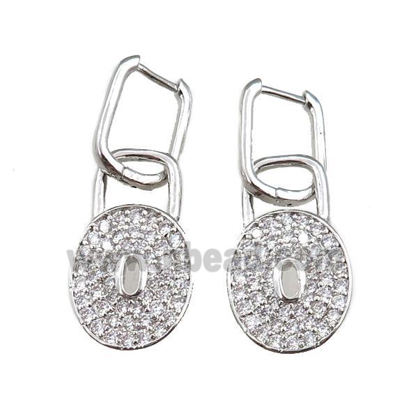 copper Latchback Earrings with lock pave zircon, platinum plated