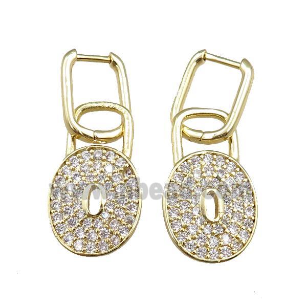 copper Latchback Earrings with lock pave zircon, gold plated