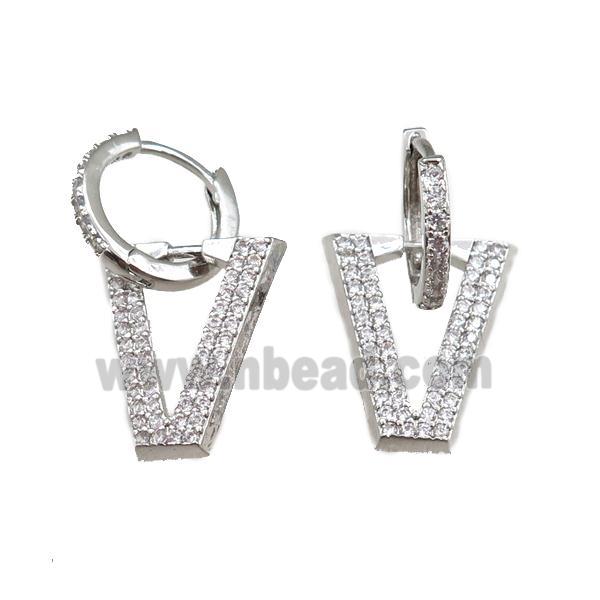 copper Hoop Earrings with V-letter pave zircon, platinum plated