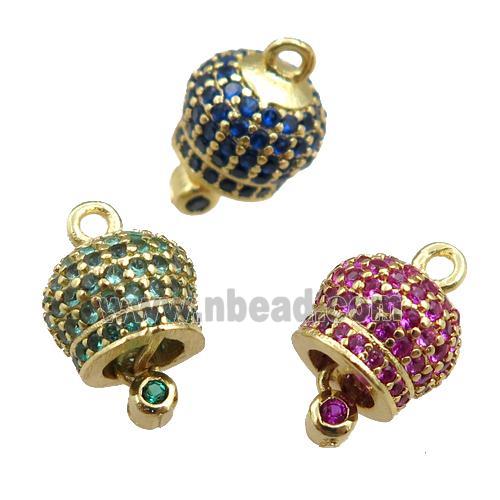 copper bell pendant pave zircon, gold plated, mixed