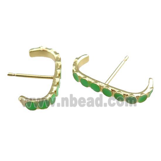 copper Stud Earrings with green enameled, gold plated