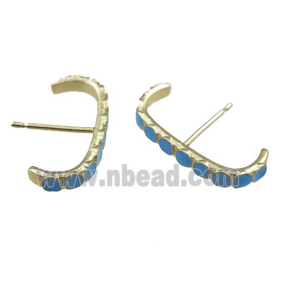 copper Stud Earrings with blue enameled, gold plated