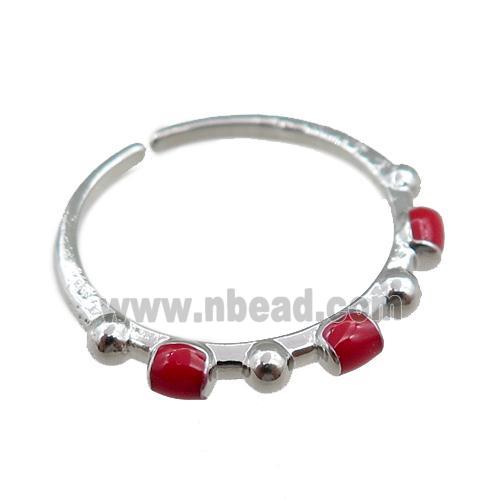 copper Rings with red enameled, adjustable, platinum plated