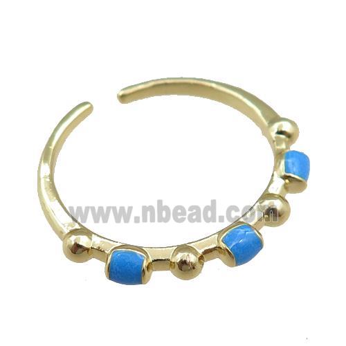 copper Rings with blue enameled, adjustable, gold plated
