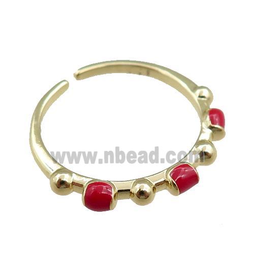 copper Rings with red enameled, adjustable, gold plated