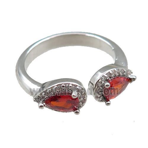 copper Rings pave red zircon, adjustable, platinum plated