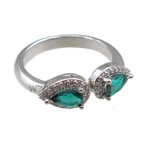 copper Rings pave green zircon, adjustable, platinum plated