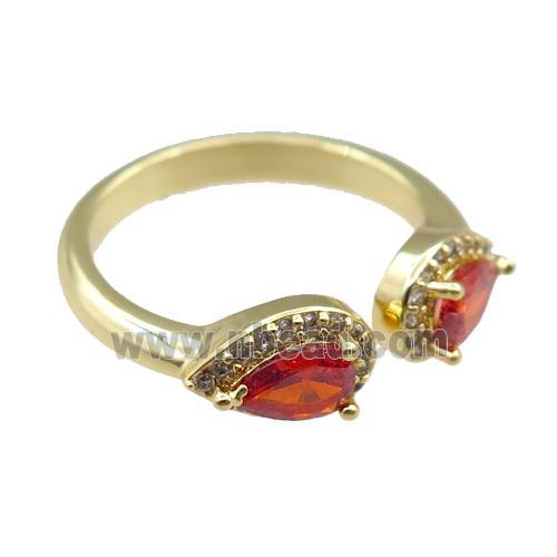 copper Rings pave red zircon, adjustable, gold plated
