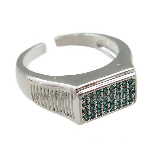 copper Rings pave green zircon, adjustable, platinum plated