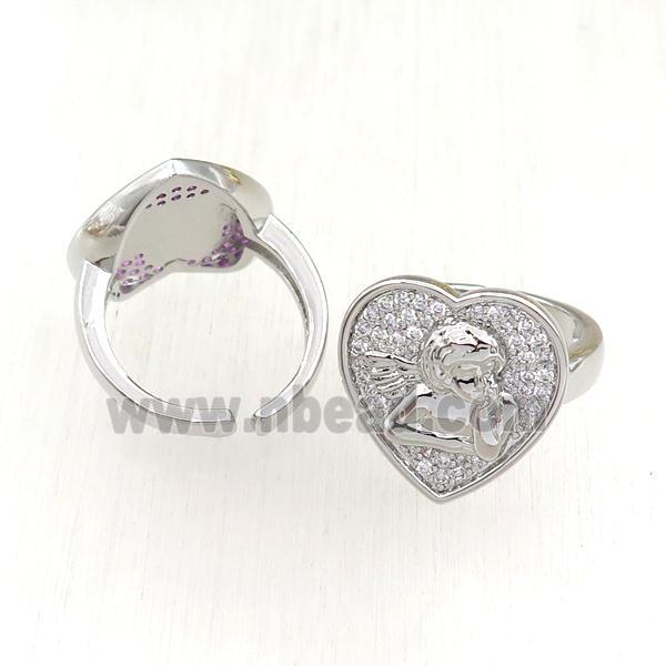 copper Rings pave zircon, heart, adjustable, platinum plated