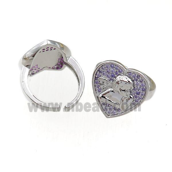 copper Rings pave purple zircon, heart, adjustable, platinum plated