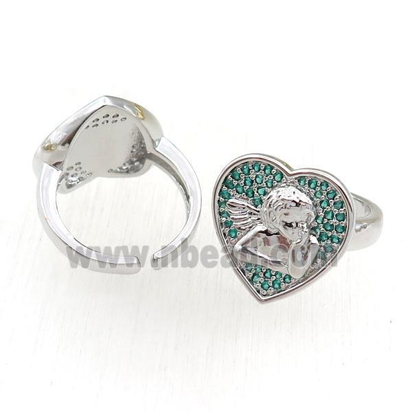 copper Rings pave green zircon, heart, adjustable, platinum plated