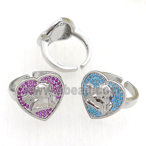 copper Rings pave zircon, heart, mixed, adjustable, platinum plated