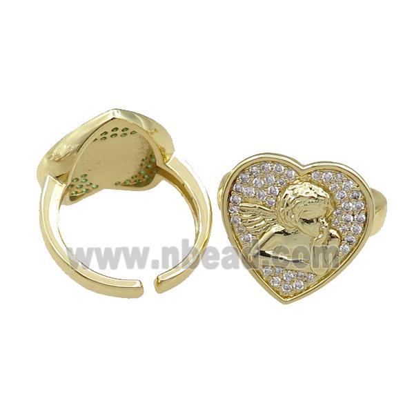 copper Rings pave zircon, heart, adjustable, gold plated