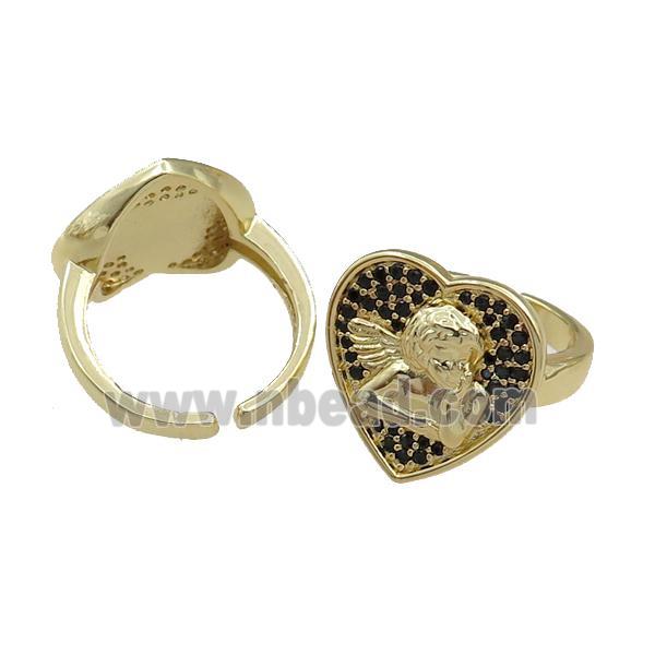 copper Rings pave black zircon, heart, adjustable, gold plated