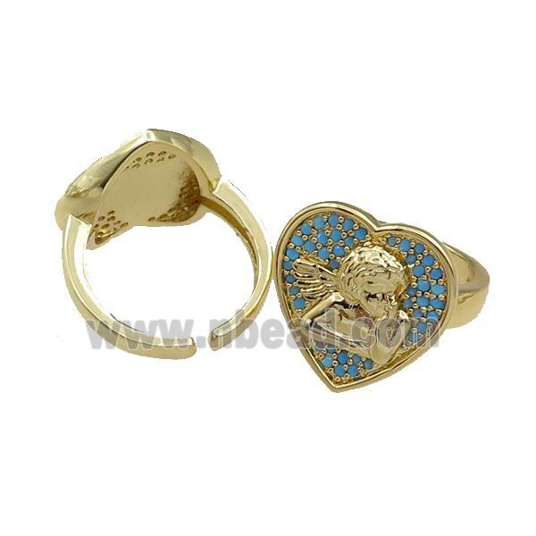 copper Rings pave blue zircon, heart, adjustable, gold plated