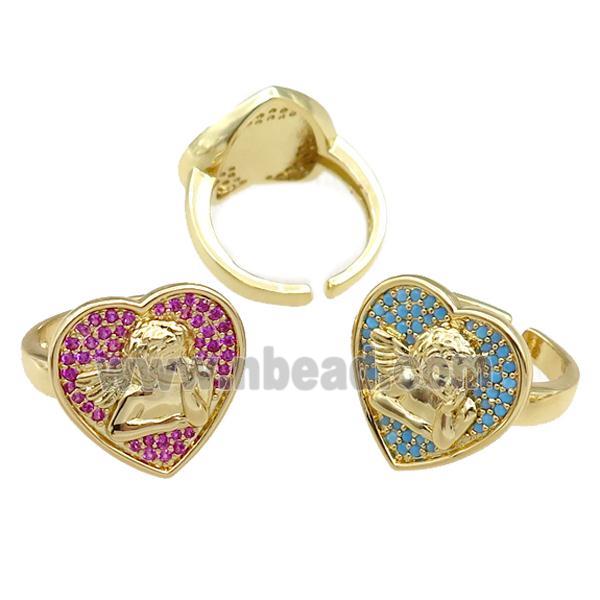 copper Rings pave zircon, heart, mixed, adjustable, gold plated