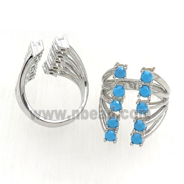 copper Rings pave blue zircon, adjustable, platinum plated