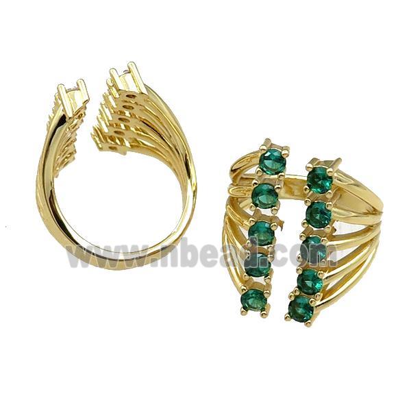 copper Rings pave green zircon, adjustable, gold plated