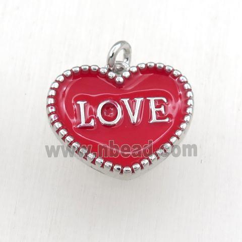 copper heart LOVE pendant with red enameling, platinum plated