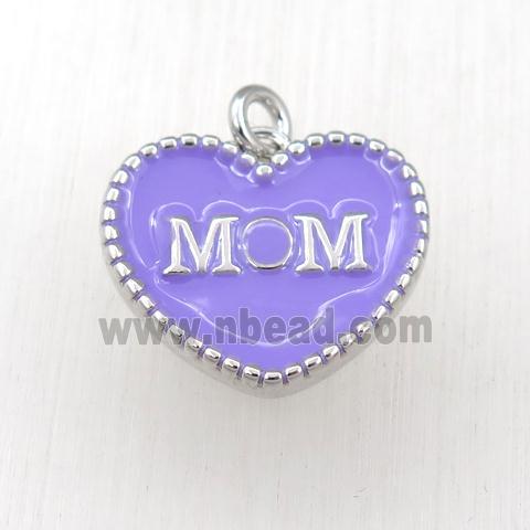 copper heart MON pendant with lavender enameling, platinum plated