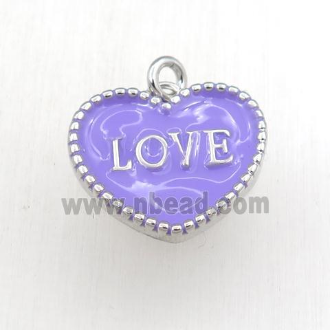 copper heart LOVE pendant with lavender enameling, platinum plated