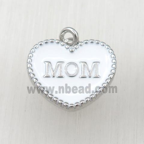 copper heart MOM pendant with white enameling, platinum plated