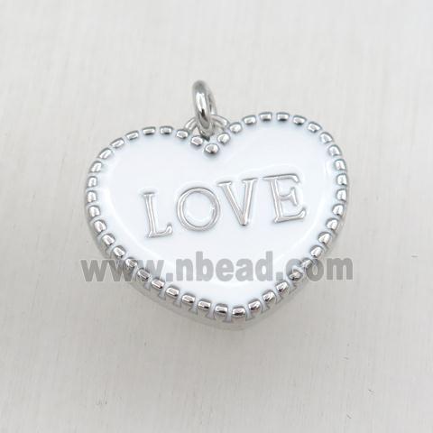 copper heart LOVE pendant with white enameling, platinum plated