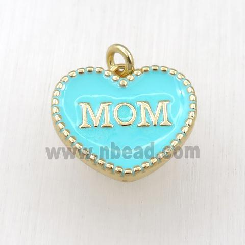 copper heart MOM pendant with green enameling, gold plated