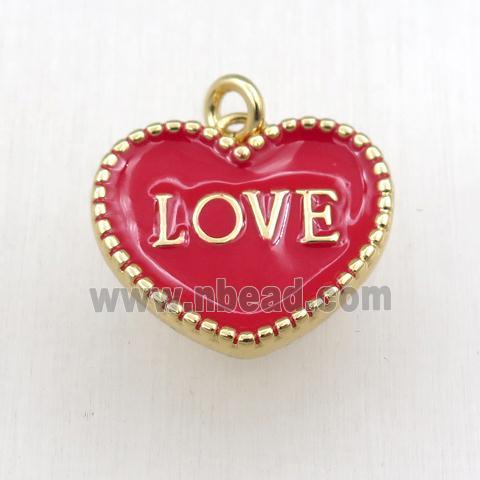 copper heart LOVE pendant with red enameling, gold plated