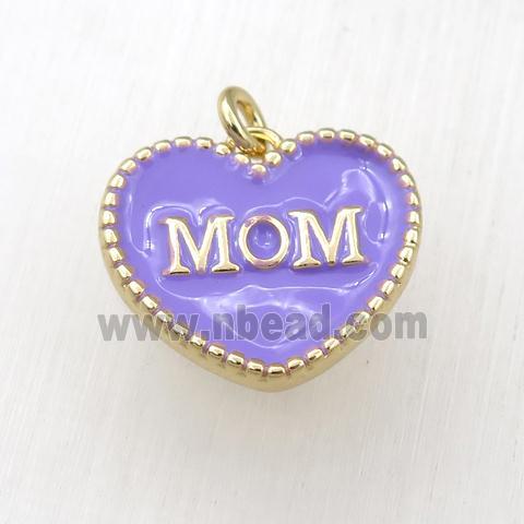 copper heart MOM pendant with lavender enameling, gold plated