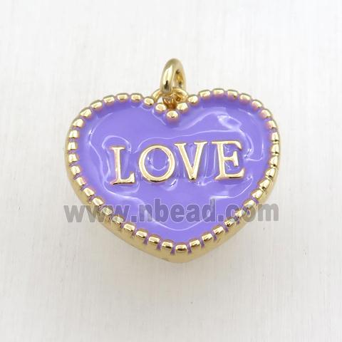 copper heart LOVE pendant with lavender enameling, gold plated