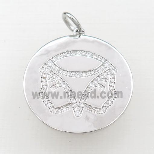 copper circle pendant pave zircon, zodiac Gemini, platinum plated