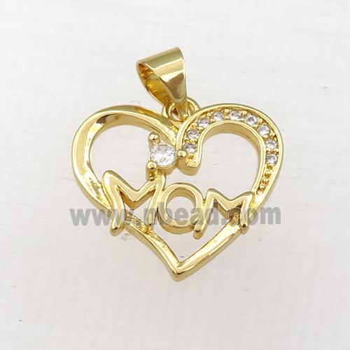 copper heart MOM pendant paved zircon, gold plated