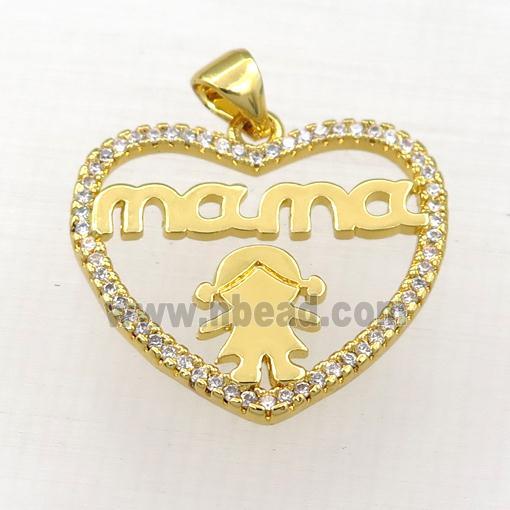 copper heart MAMA pendant paved zircon, gold plated