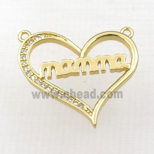 copper heart MAMA pendant paved zircon with 2loops, gold plated