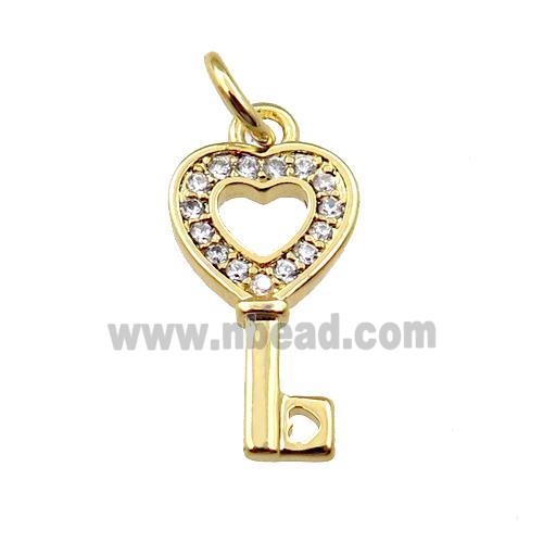 copper key charm pendant pave zircon, gold plated