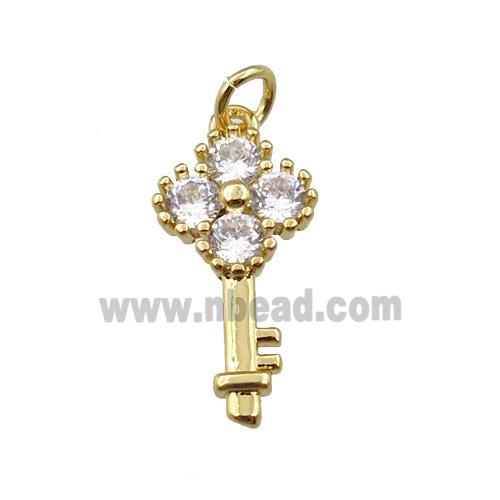 copper key pendant pave zircon, gold plated