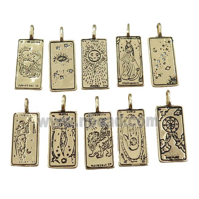 copper tarot card pendant, mixed charms, gold plated