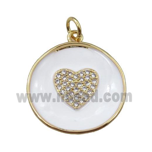 copper circle pendant pave zircon with white enameled, heart, gold plated