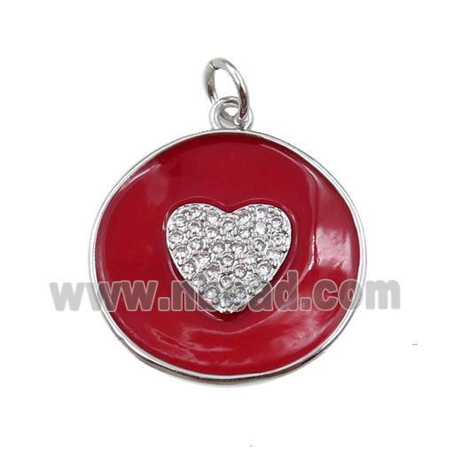copper circle pendant pave zircon with red enameled, heart, platinum plated