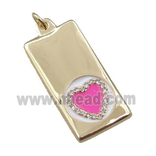 copper rectangle pendant pave zircon, heart, gold plated