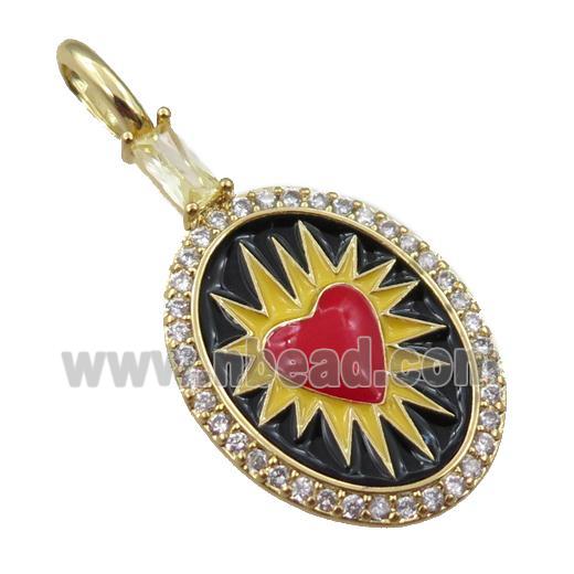 copper oval pendant pave zircon with red heart charm, gold plated