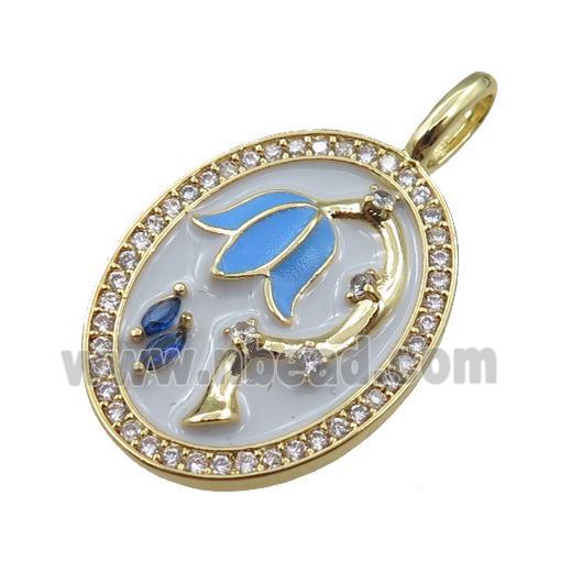 copper oval pendant pave zircon with blue lotus charm, gold plated