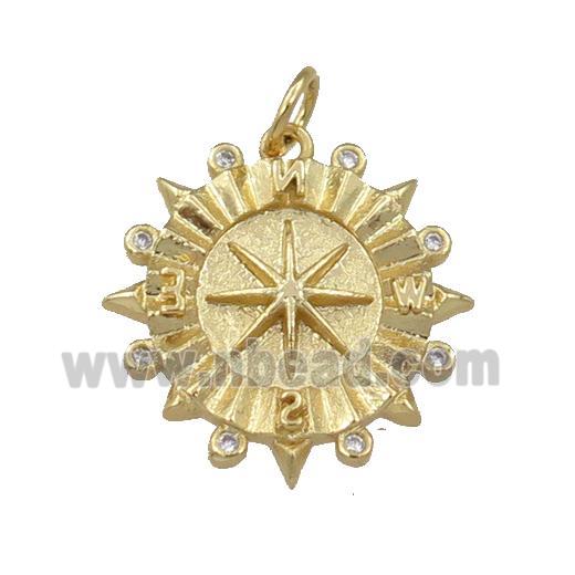 copper compass pendant pave zircon, gold plated